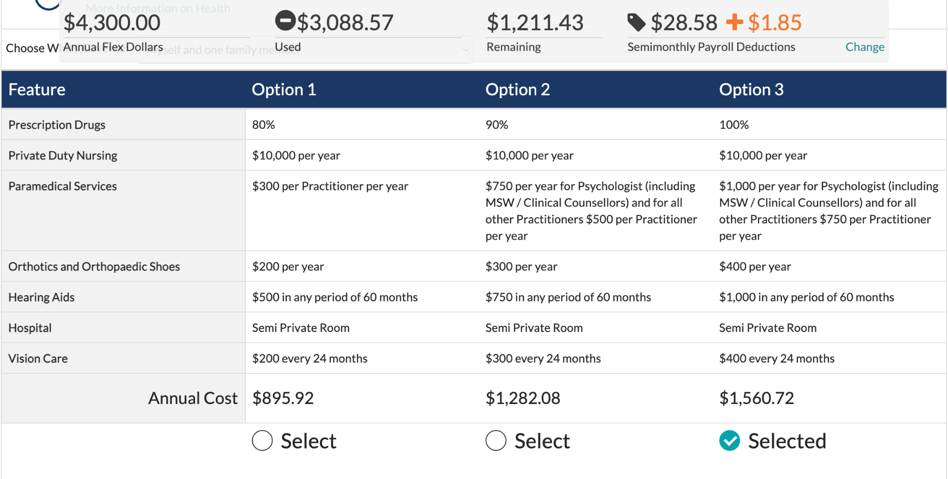 Flexible benefits employee selection screen showing three plan options with different coverage levels and annual costs