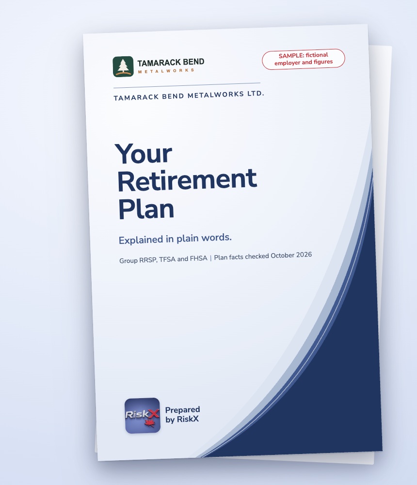 Sample cover of a RiskX employee retirement booklet, made for a fictional employer